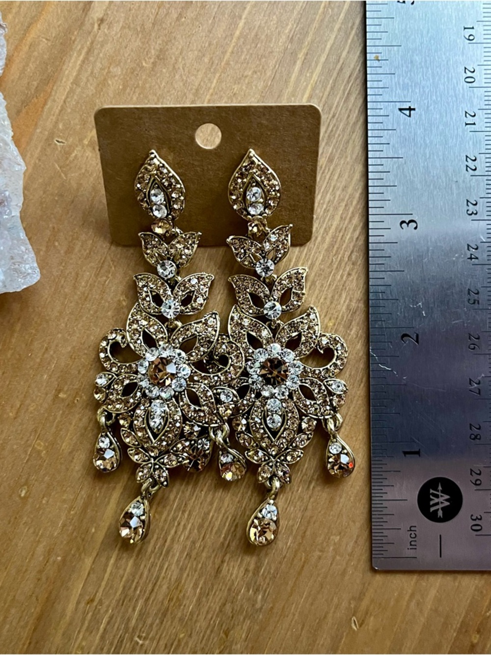 Chandelier earrings Intricate gold-tone metalwork clear champagne rhinestones - Picture 4 of 7